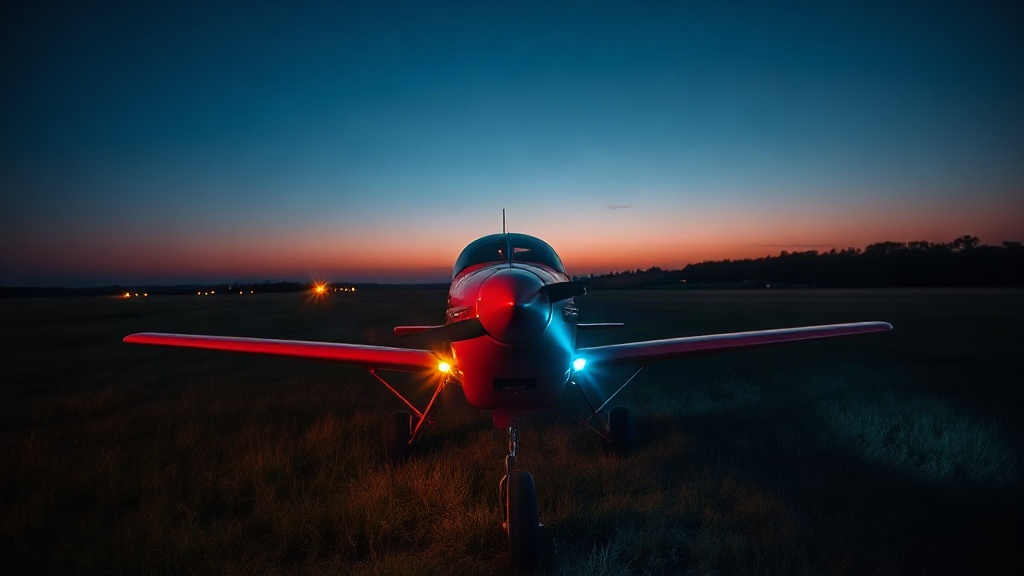 Red RC plane on grass at dusk